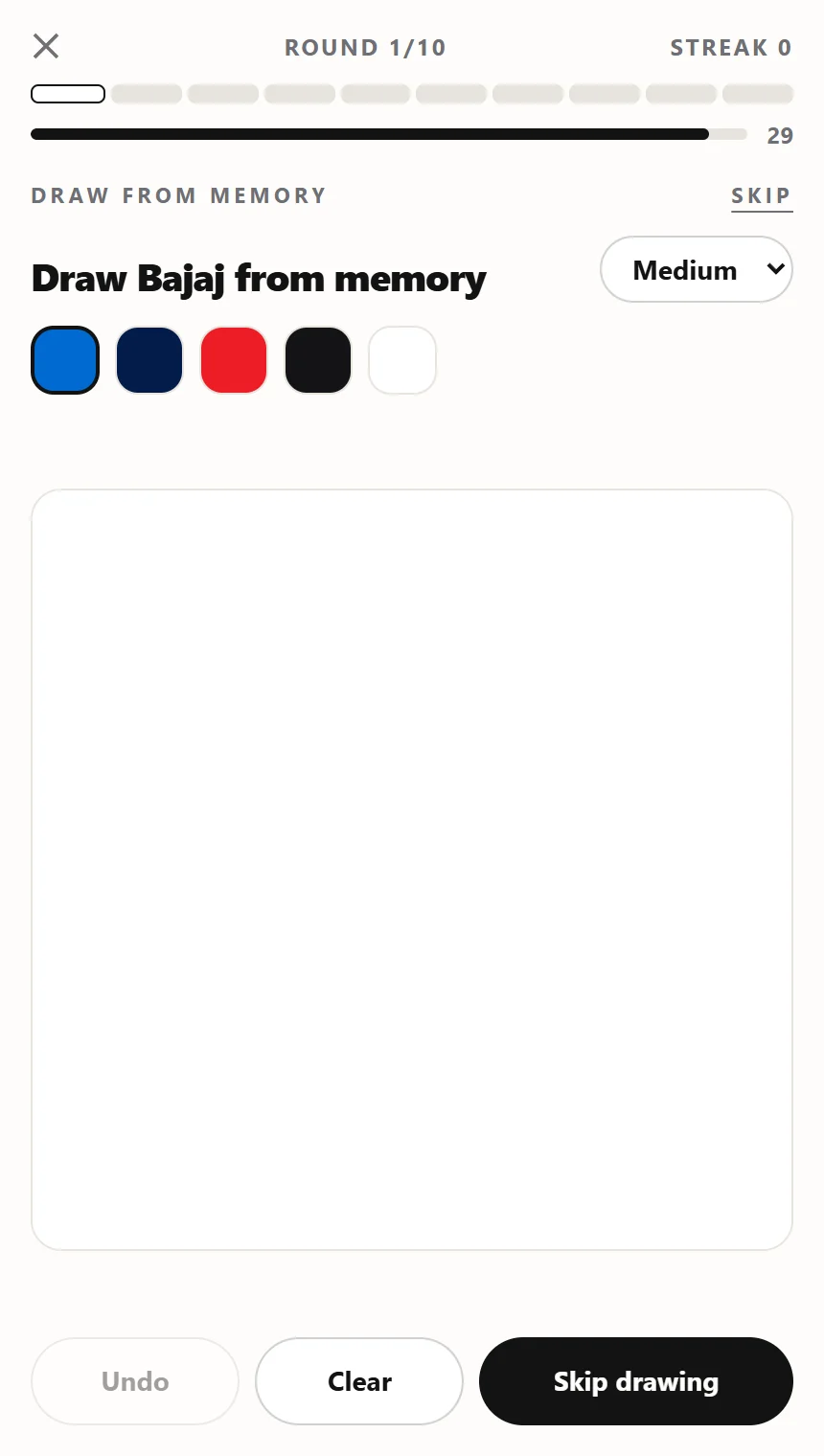 Brandr draw round: 'Draw Bajaj from memory' with a colour picker and blank canvas