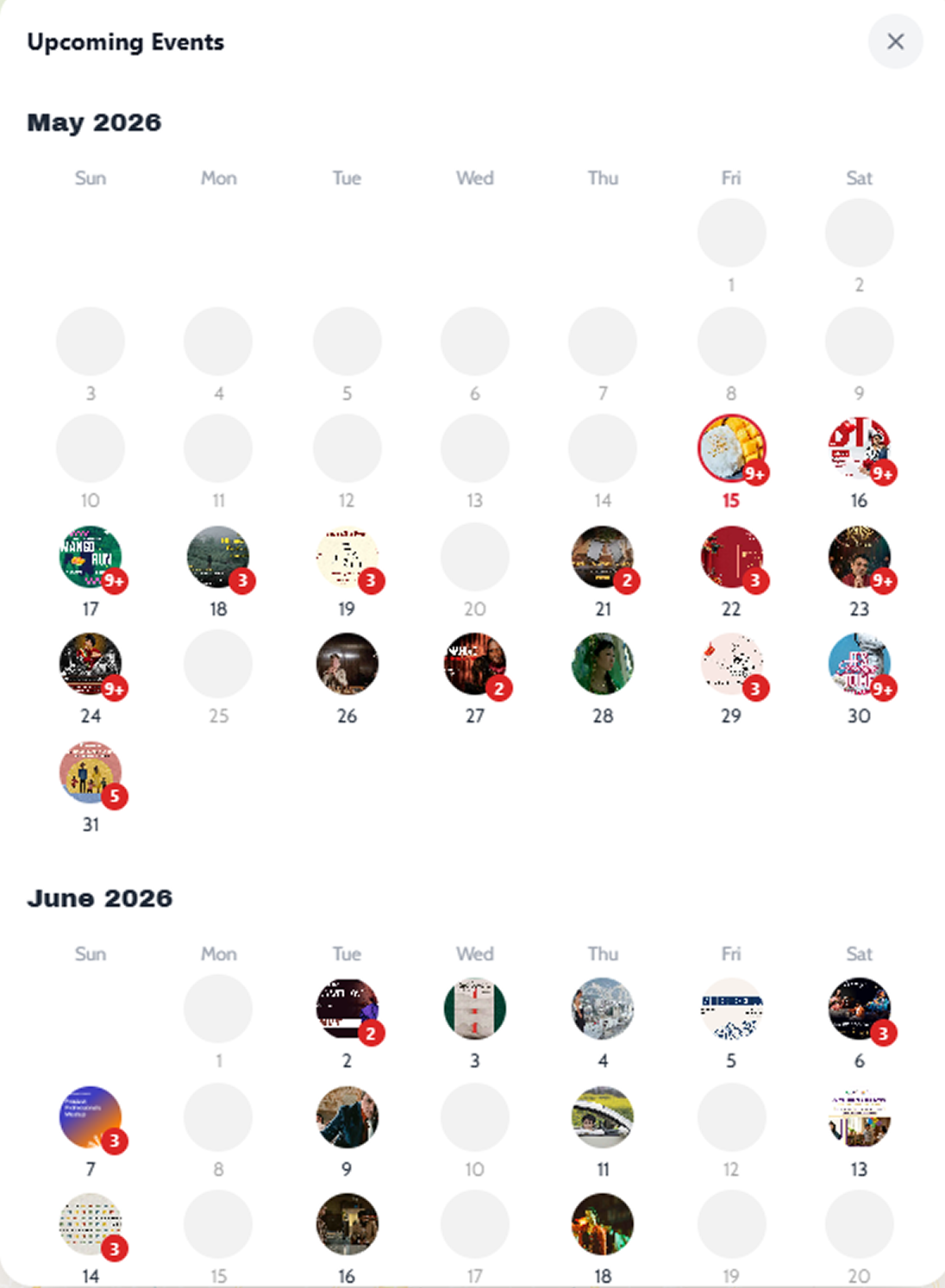 The ScenesLIT calendar view, with activity dots on busy days
