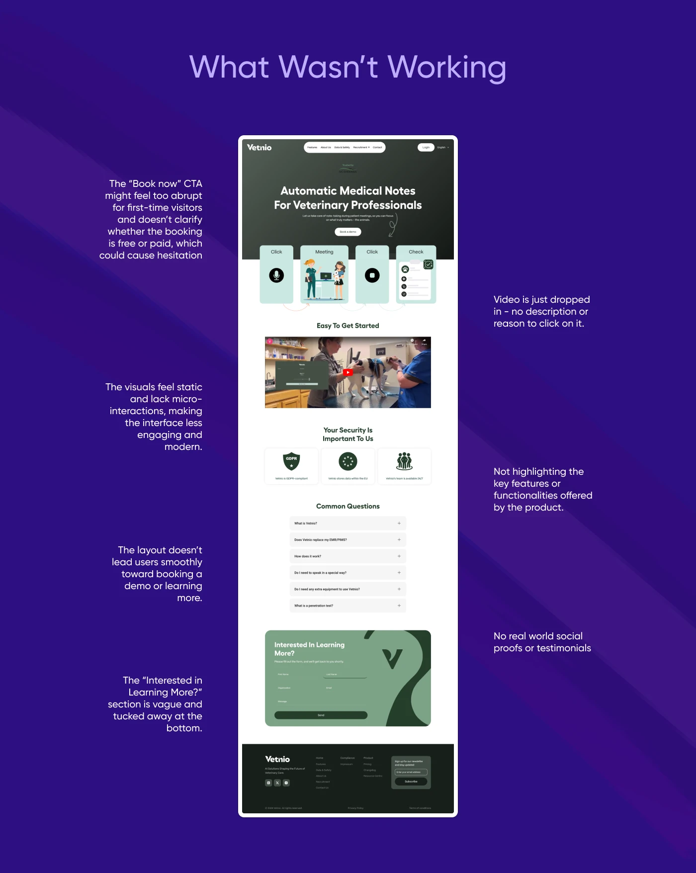 The original Vetnio landing page annotated with the audit findings