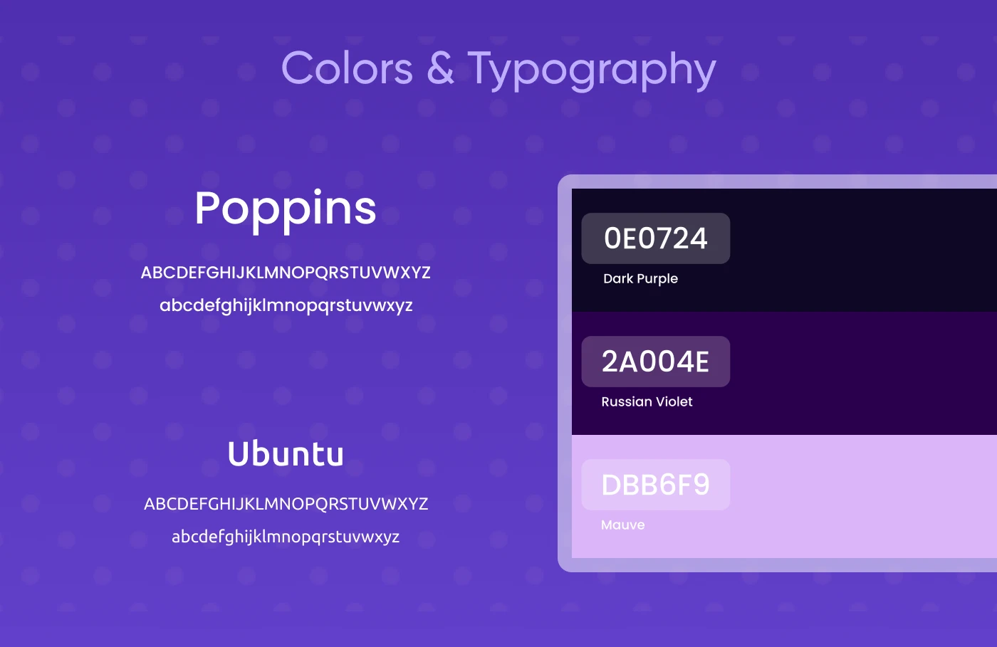 Type specimens for Poppins and Ubuntu beside the purple palette: 0E0724, 2A004E, DBB6F9