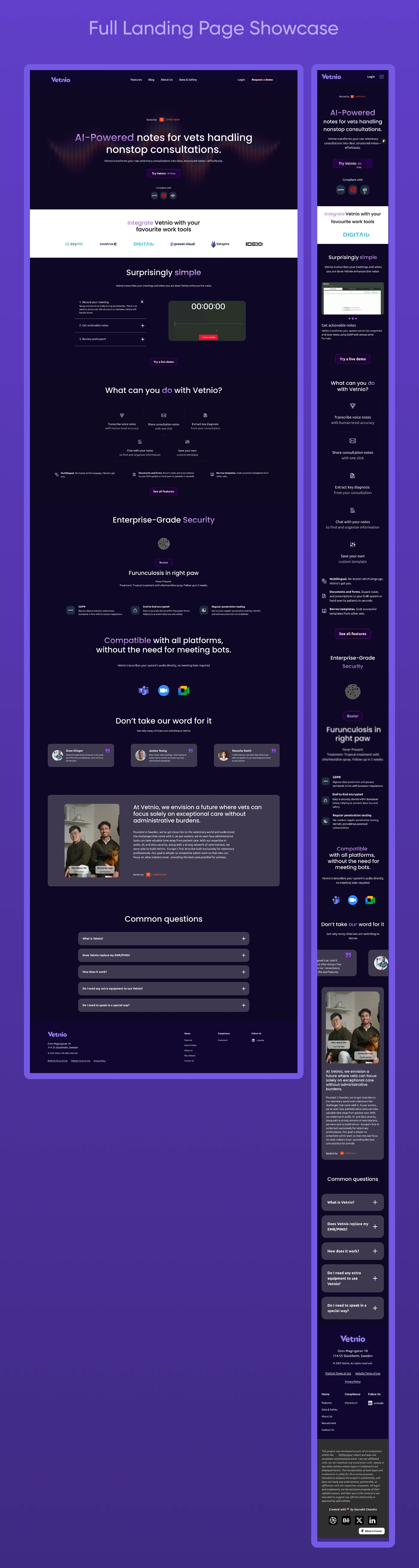 The complete redesigned Vetnio landing page, desktop and mobile side by side